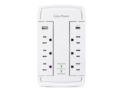 CyberPower 6-Outlet NEMA 5-15R Surge Protector w USB-A to USB-C ports, White, CSP6WSUC , 42095506, Surge Suppressors CyberPower 6-Outlet NEMA 5-15R Surge Protector w USB-A to USB-C ports, White, CSP6WSUC , 42095506, Surge Suppressors