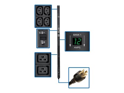 Tripp Lite Metered PDU 5.8kW 208 240V Single-Phase L6-30P Input 10ft Cord (8) C19 (40) C13 0U x 70h, TAA, PDUMV30HV2, 30710636, Power Distribution Units