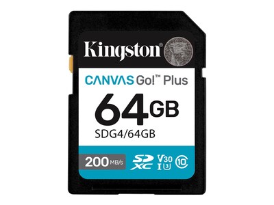 Kingston 64GB Canvas Go Plus Gen4 UHS-I U3 V30 SDXC Card, Class 10, SDG4/64GB                     , 41967637, Memory - Flash