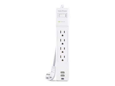 CyberPower 4-Outlet NEMA 5-15R Surge Suppressor w  2x USB-A + USB-C, 5ft Cord - White, P405UC                        , 42094941, Surge Suppressors