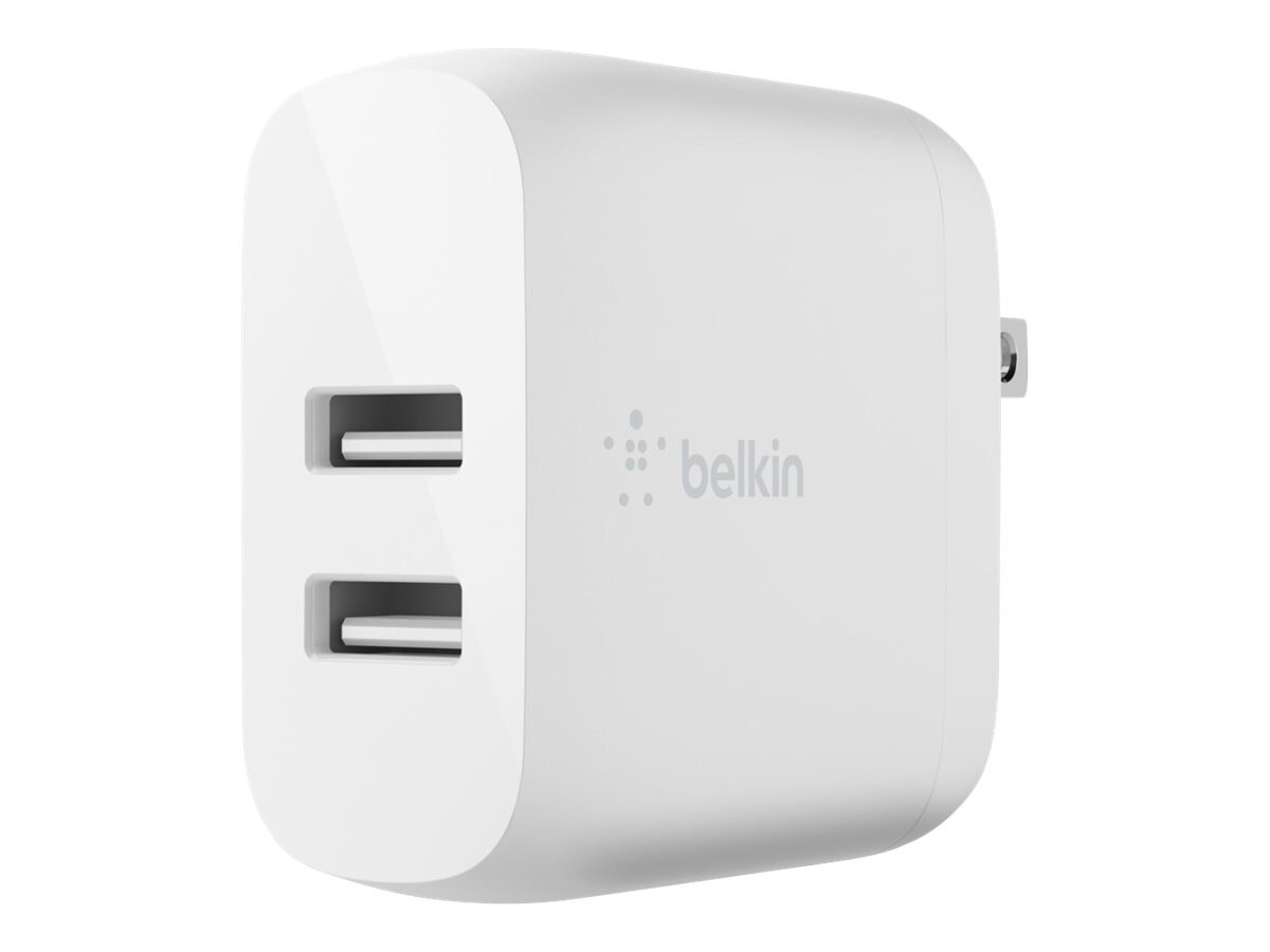 Belkin 24W Portable Dual-Port USB-A Wall Charger, White (WCB002DQWH)