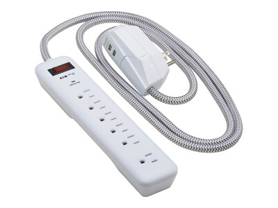 Tripp Lite Surge Protector Power Strip, 7-Outlet, 2-USB Ports, 5-15P Plug, 900 Joules, White, 6 ft., TLP616USB, 41209819, Surge Suppressors