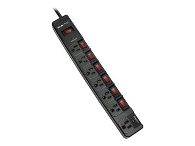 Tripp Lite ECO-Surge 7-Outlet Surge Protector,6ft cord, 1080 Joules, (6) Individually Controlled Outlets, Black, TLP76MSGB, 34631062, Surge Suppressors