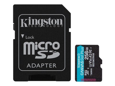 Kingston 256GB Canvas Go Plus Gen4 s A2 U3 V30 microSDXC Card + SD Adapter, SDCG4/256GB, 41967627, Memory - Flash Kingston 256GB Canvas Go Plus Gen4 s A2 U3 V30 microSDXC Card + SD Adapter, SDCG4/256GB, 41967627, Memory - Flash
