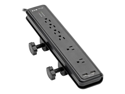 Tripp Lite Protect It! 6-Outlet Clamp-Mount Surge Protector,6 ft. Cord, 2100 Joules (2)USB (2.1A total),Black, TLP606DMUSB, 16175833, Surge Suppressors