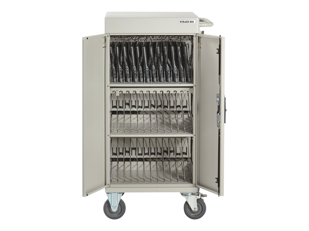 Black Box 30 Device Cart With Steel Top Fixed Shelves Hinged Black Box 30 Device Cart With Steel Top Fixed Shelves Hinged Door Hasp Lock And Timer