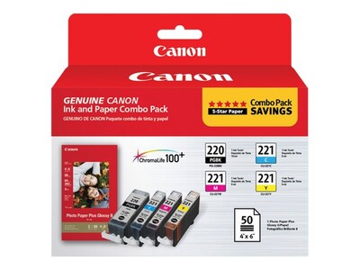 Canon PG-220 CL-221 Combo Pack w  4 x 6 PP-201 Photo Paper Plus Glossy II Paper (50-Sheets), 2945B011, 11085741, Ink Cartridges & Ink Refill Kits - OEM