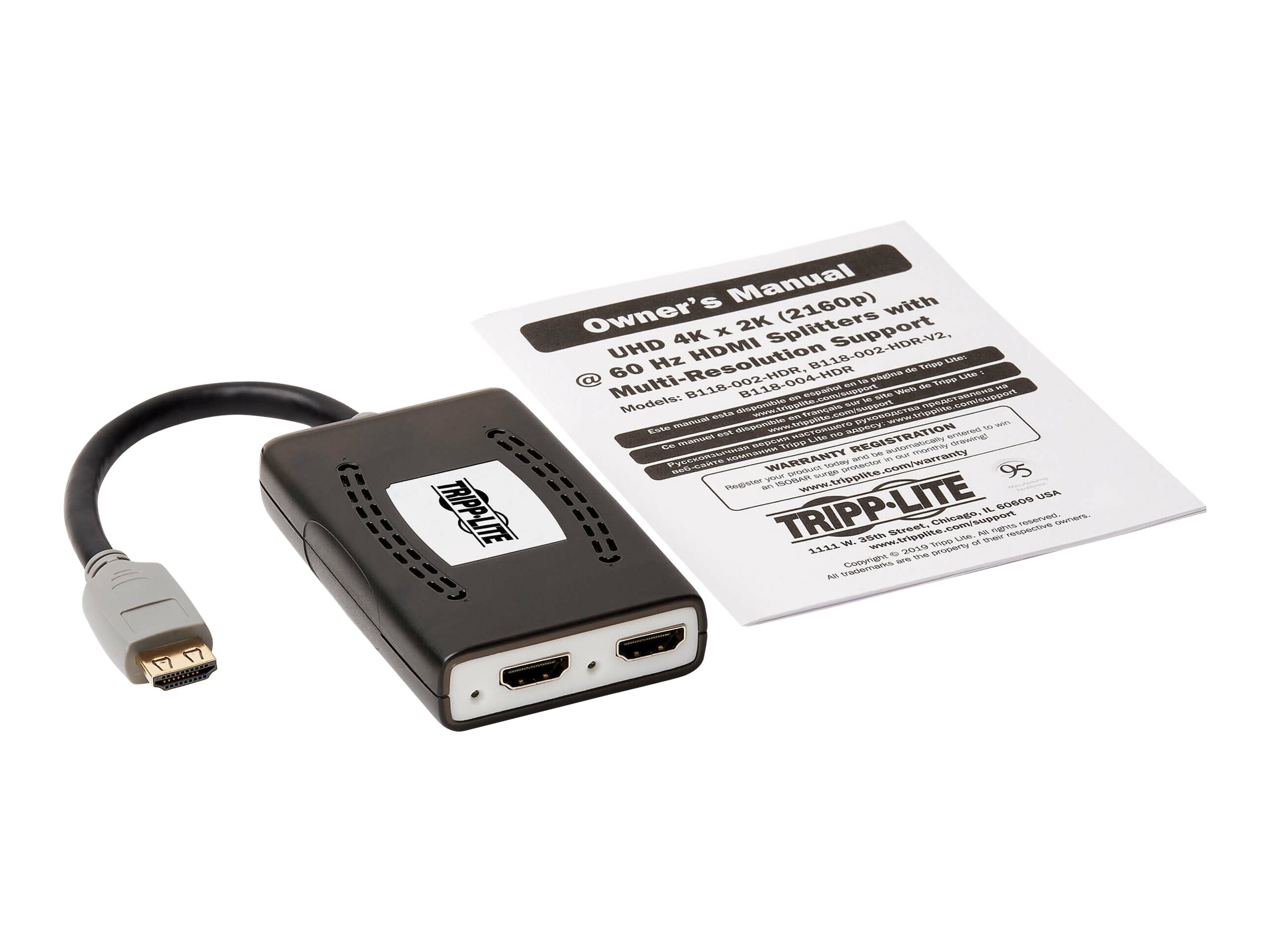 Tripp Lite Divisor HDMI, 2 puertos con cable integrado, divisor HDMI  alimentado por USB, 4K @ 60 Hz, 4:4:4, soporte multiresolución, HDR, HDCP  2.2