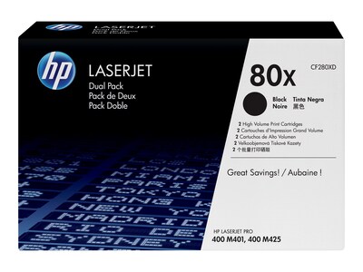HP 80X (CF280XD) High Yield Black Original LaserJet Toner Cartridges (2-pack), CF280XD, 14798851, Toner and Imaging Components - OEM