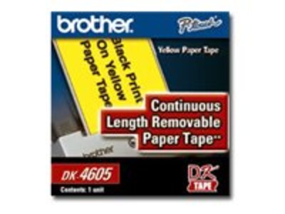 Brother 2 3 7 x 100' DK4605 Black on Yellow Continuous Length Label Paper Tape (1 Tape), DK4605, 6632391, Paper, Labels & Other Print Media