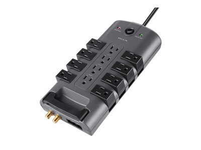 Belkin 12-Outlet 4320J Straight Pivot-Plug Surge Protector w  8ft Cord - Tel Prot - Gray , BP112230-08, 7083321, Surge Suppressors