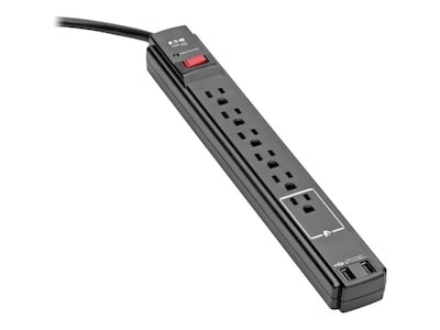 Tripp Lite Protect It! 6-Outlet Surge Protector, 6 ft Cord, 990 Joules, (2) USB Ports 2.1A, Black, TLP606USBB, 30540649, Surge Suppressors Tripp Lite Protect It! 6-Outlet Surge Protector, 6 ft Cord, 990 Joules, (2) USB Ports 2.1A, Black, TLP606USBB, 30540649, Surge Suppressors