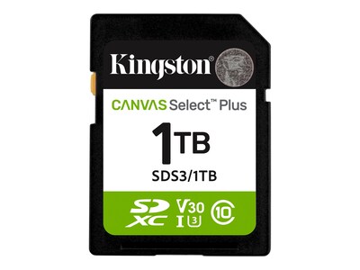 Kingston 1TB Canvas Select Plus Gen3 150MBs UHS-I U3 V30 SDXC Card, Class 10, SDS3/1TB , 42014488, Memory - Flash Kingston 1TB Canvas Select Plus Gen3 150MBs UHS-I U3 V30 SDXC Card, Class 10, SDS3/1TB , 42014488, Memory - Flash