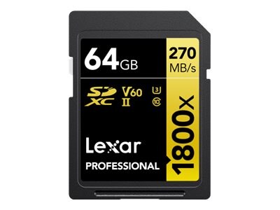 Lexar 64GB GOLD Series Professional 1800x SDXC UHS-II Card, 2-Pack, LSD1800064G-B2NNU             , 41886019, Memory - Flash