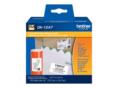 Brother 4.07 x 6.4 Large Shipping White Paper Label Roll (180 Labels), DK-1247, 35083205, Paper, Labels & Other Print Media
