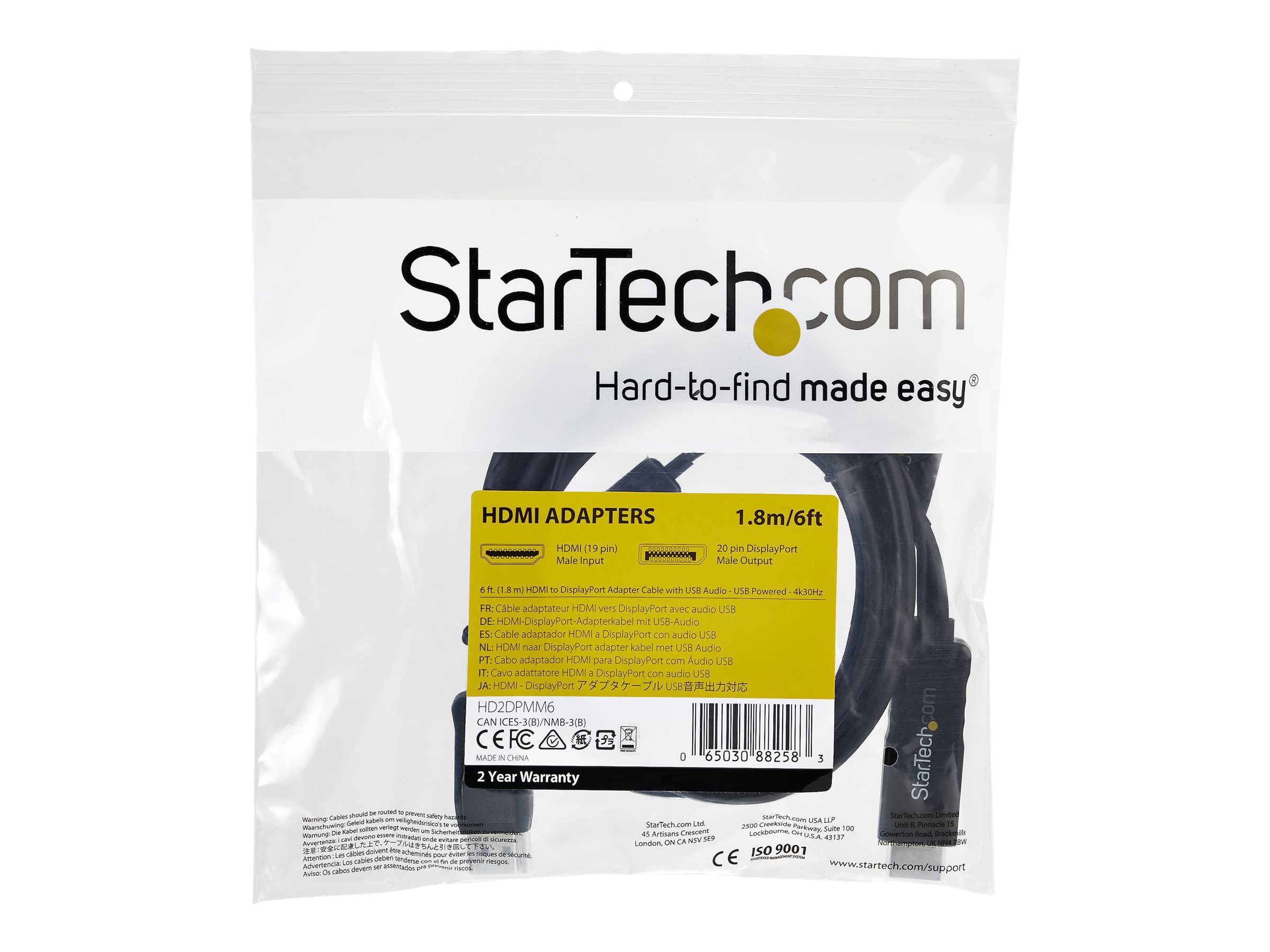StarTech.com Câble Adaptateur HDMI vers DisplayPort de 2m - 4K 30Hz - M/M -  Câble Convertisseur Actif HDMI 1.4 vers DP 1.2 avec Audio - Alimenté par USB  - Mac & Windows 