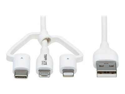 Tripp Lite Safe-IT Universal USB-A to Lightning, USB Micro-B, USB-C Sync Charge Antibacterial Cable, White, 4ft, M101AB-004-LMCW, 41278007, Cables Tripp Lite Safe-IT Universal USB-A to Lightning, USB Micro-B, USB-C Sync Charge Antibacterial Cable, White, 4ft, M101AB-004-LMCW, 41278007, Cables
